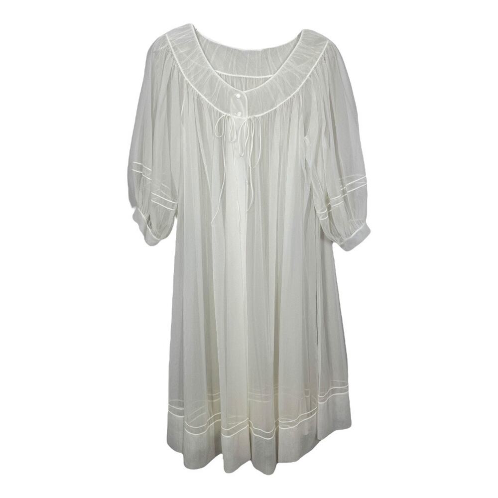 Vintage Shadowline White Nylon Chiffon Robe Large Babydoll Open Front Sleepwear